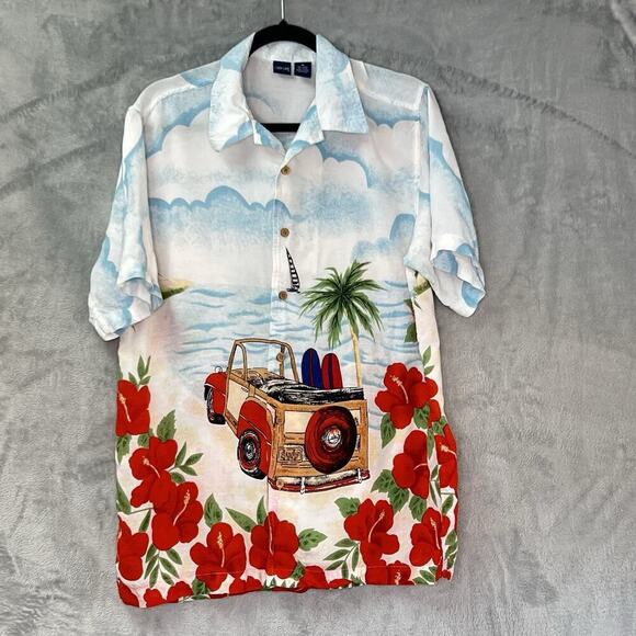 Vintage‎ Cherokee Hawaiian Button Down Shirt Mens Sz M 90s Wooden Botton Surf - Picture 1 of 15